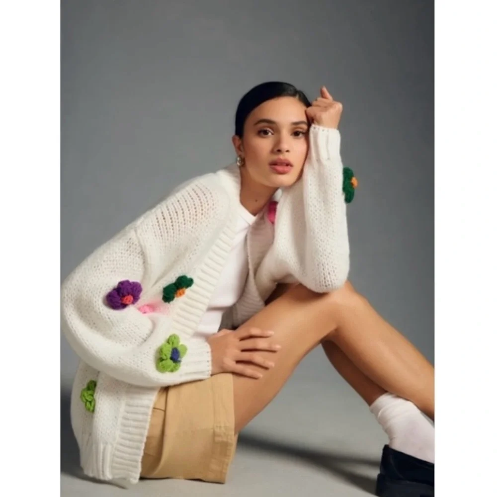 Anthropologie Maeve Susannah 3D Flower Cardigan Open Front Knit Sweater White OS